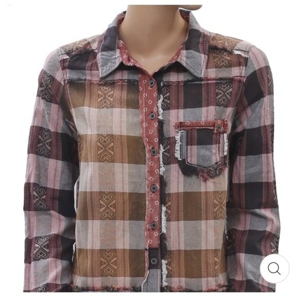 Free People We the Free Embroidered Plaid Shirt with Exposed Raw Seams S - Picture 9 of 14